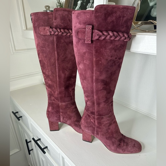 Valentino Garavani Suede Knee-High Boots Braided Strap | Wine Burgundy – Size 9 - Picture 5 of 13